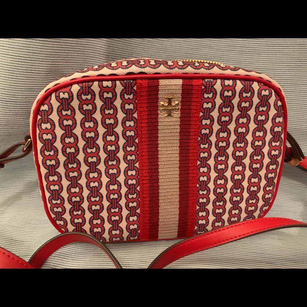 Tory Burch Red, Cream & Navy Chain-Print Crossbody